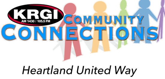 KRGI logo with the words Community Connections Heartland United Way